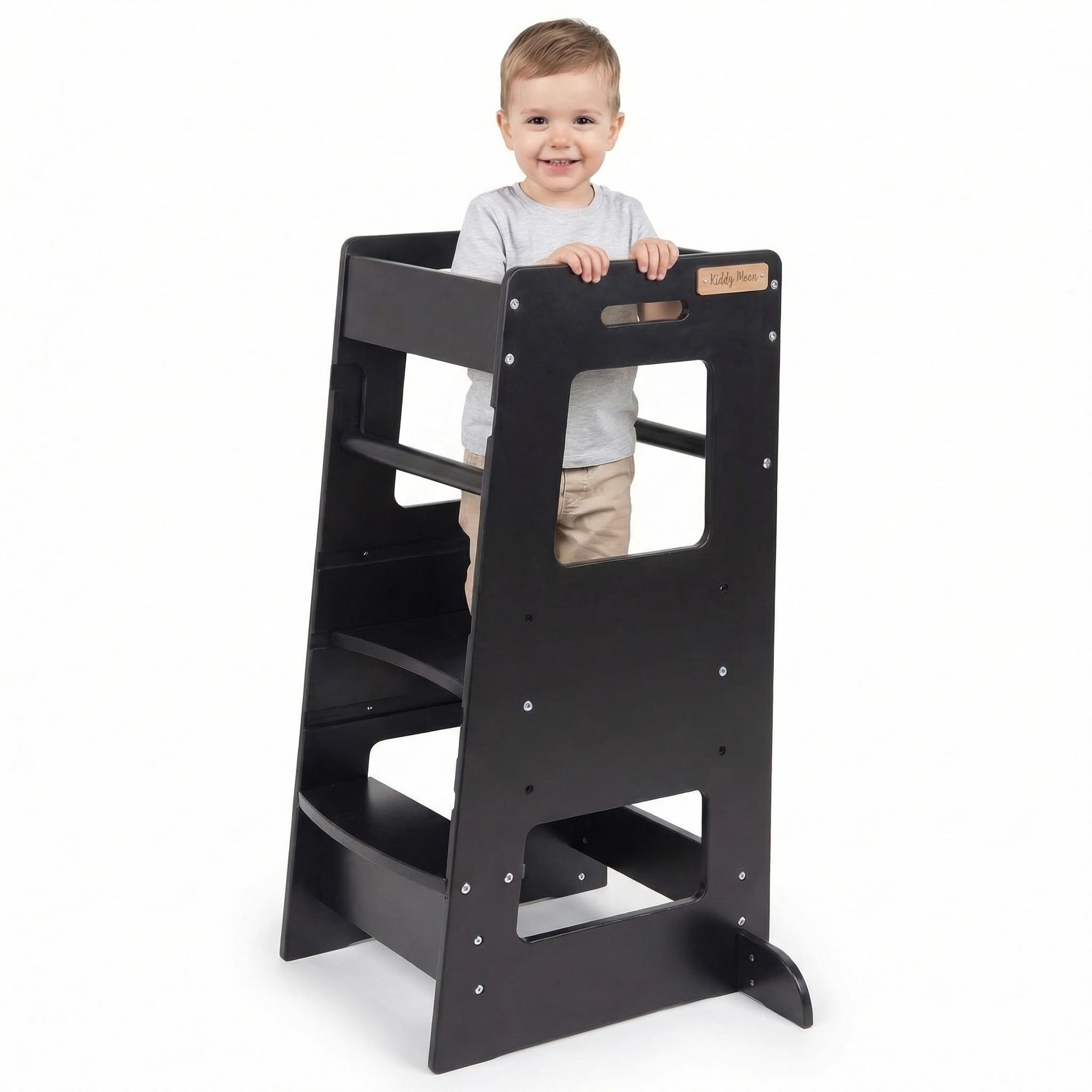 kiddymoon-lernturm-montessori-k-chenhelfer-3-fach-h-henverstellbar-schwarz image 1
