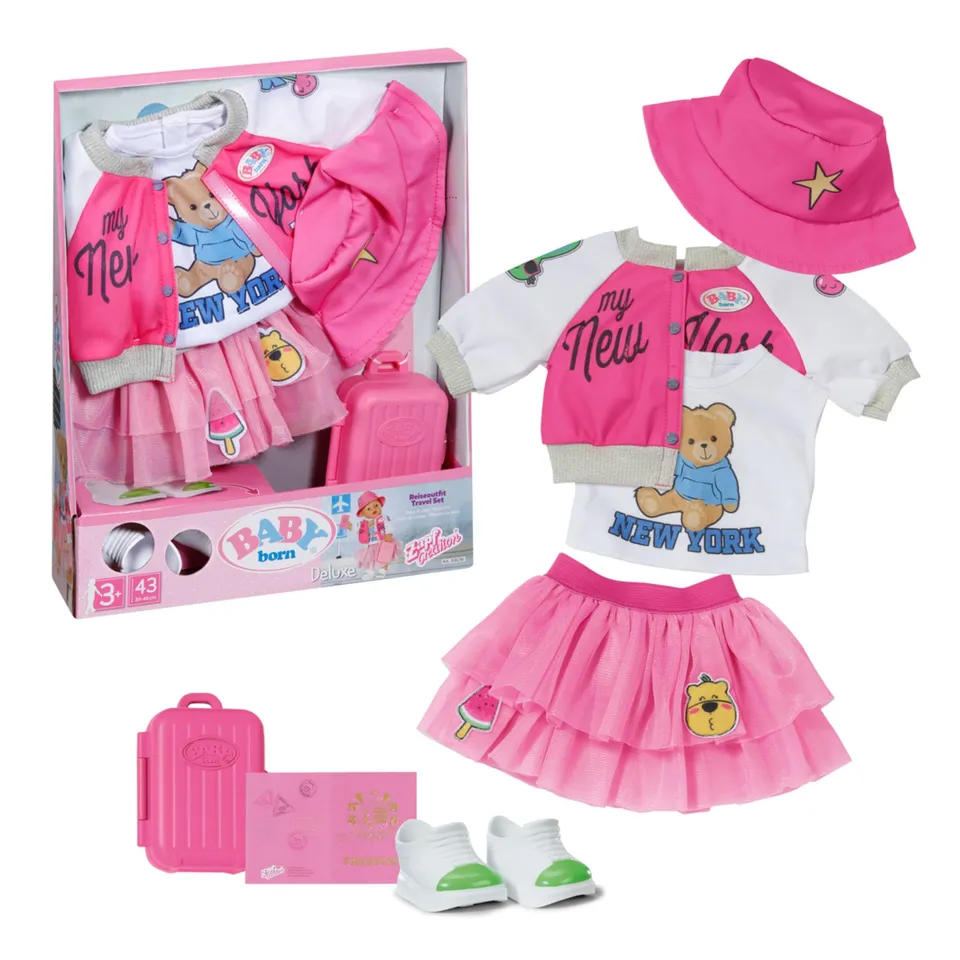 baby-born-deluxe-reiseoutfit-f-r-43-cm-puppen-mit-kleid-hut-schuhen-koffer-und-r image 1