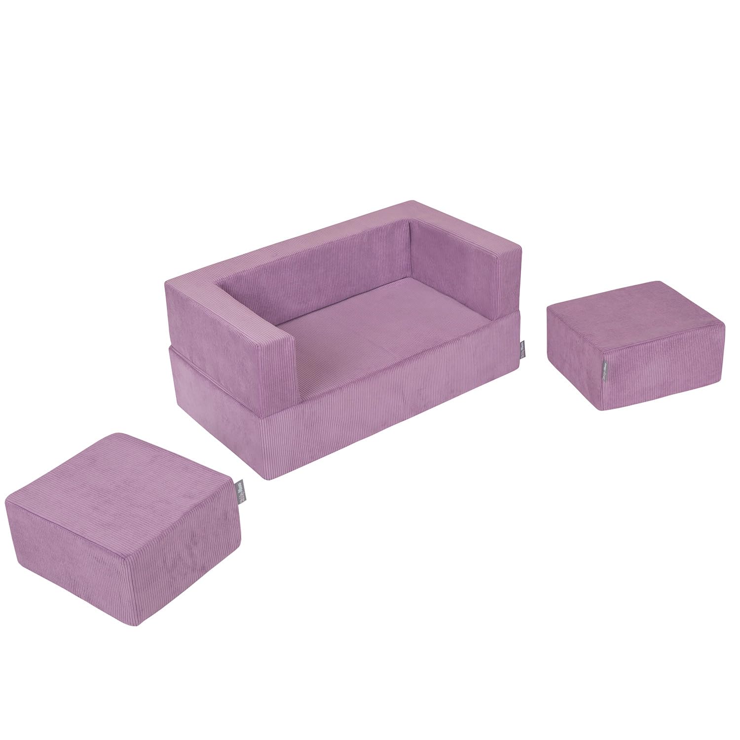 kiddymoon-kindersofa-mit-zwei-puffen-schaumstoff-sofa-gerippter-stoff-rosa image 3