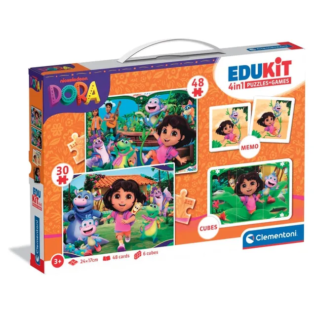 clementoni-edukit-4-in-1-dora-lernspiele-set-puzzle-memo-w-rfelpuzzle image 1