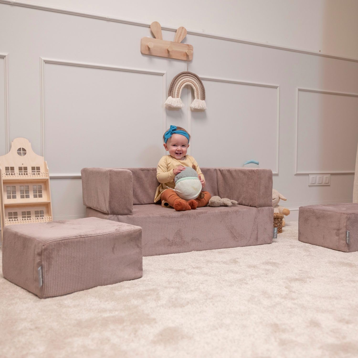 kiddymoon-kindersofa-mit-zwei-puffen-schaumstoff-sofa-gerippter-stoff-rosa image 2