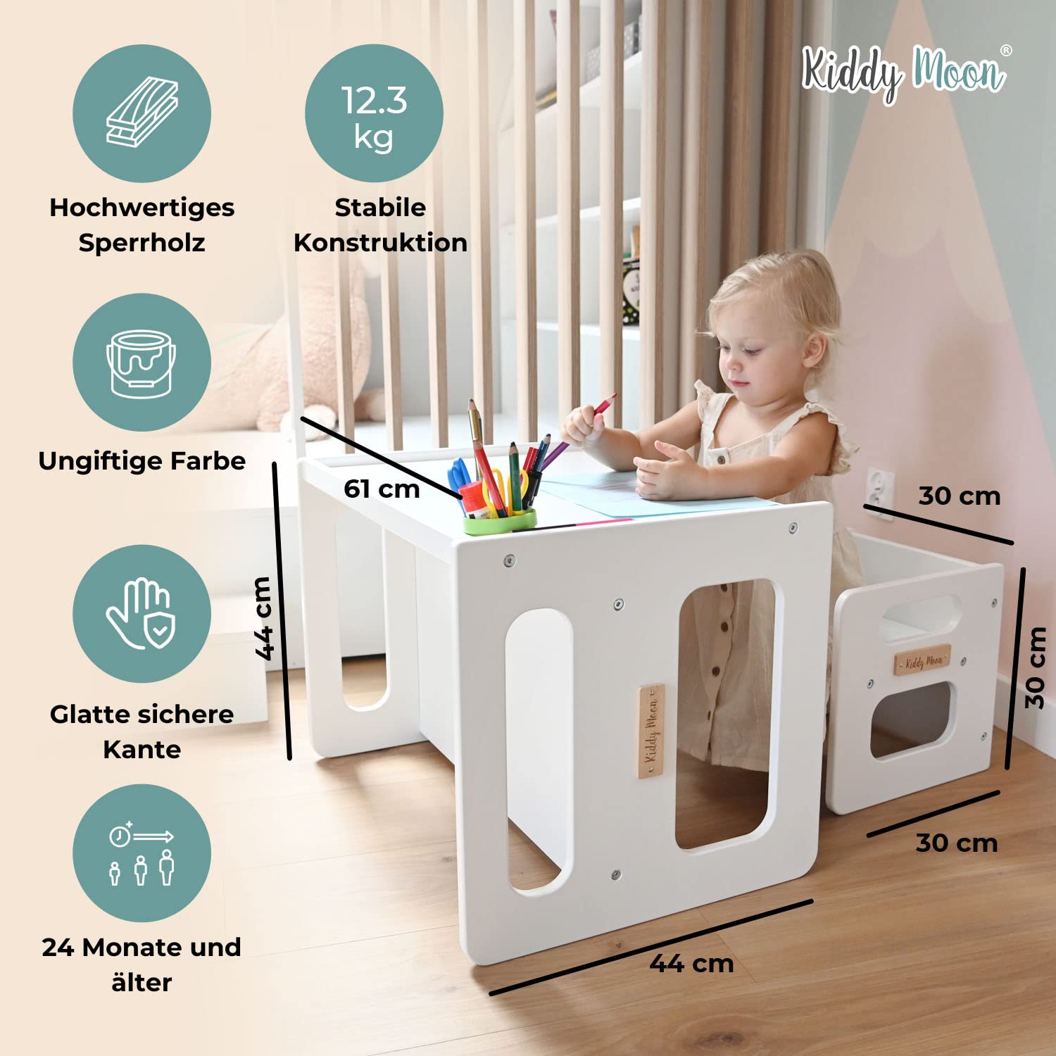 kiddymoon-kindertisch-mit-stuhl-wei-holz-61x44x44-cm image 3