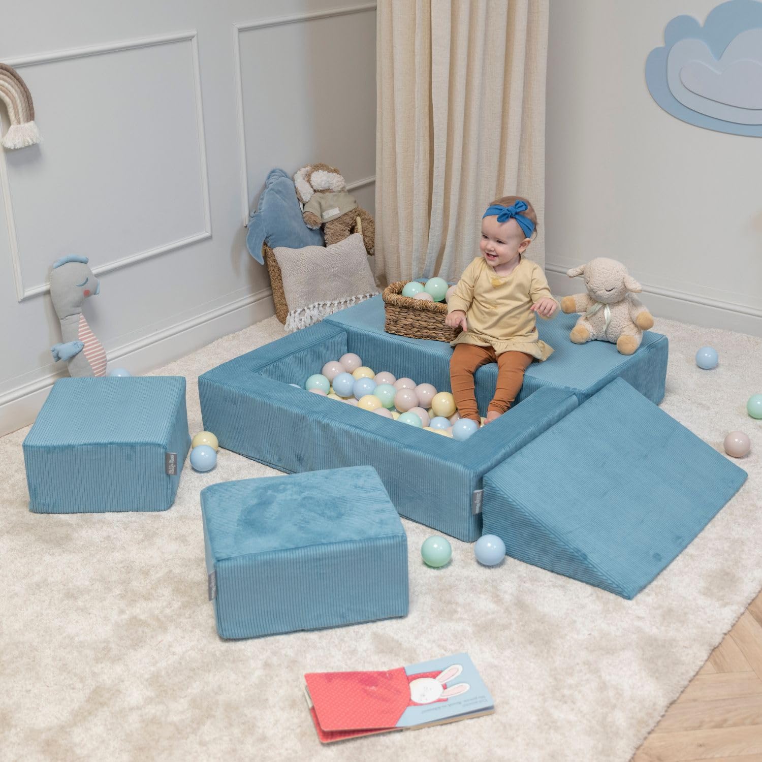 kiddymoon-kindersofa-mit-zwei-puffen-schaumstoff-sofa-gerippter-stoff-rosa image 5