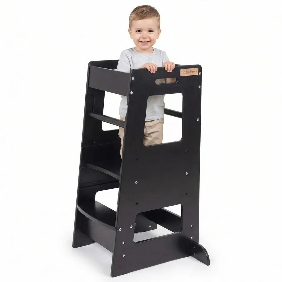 kiddymoon-lernturm-montessori-k-chenhelfer-3-fach-h-henverstellbar-schwarz image 1