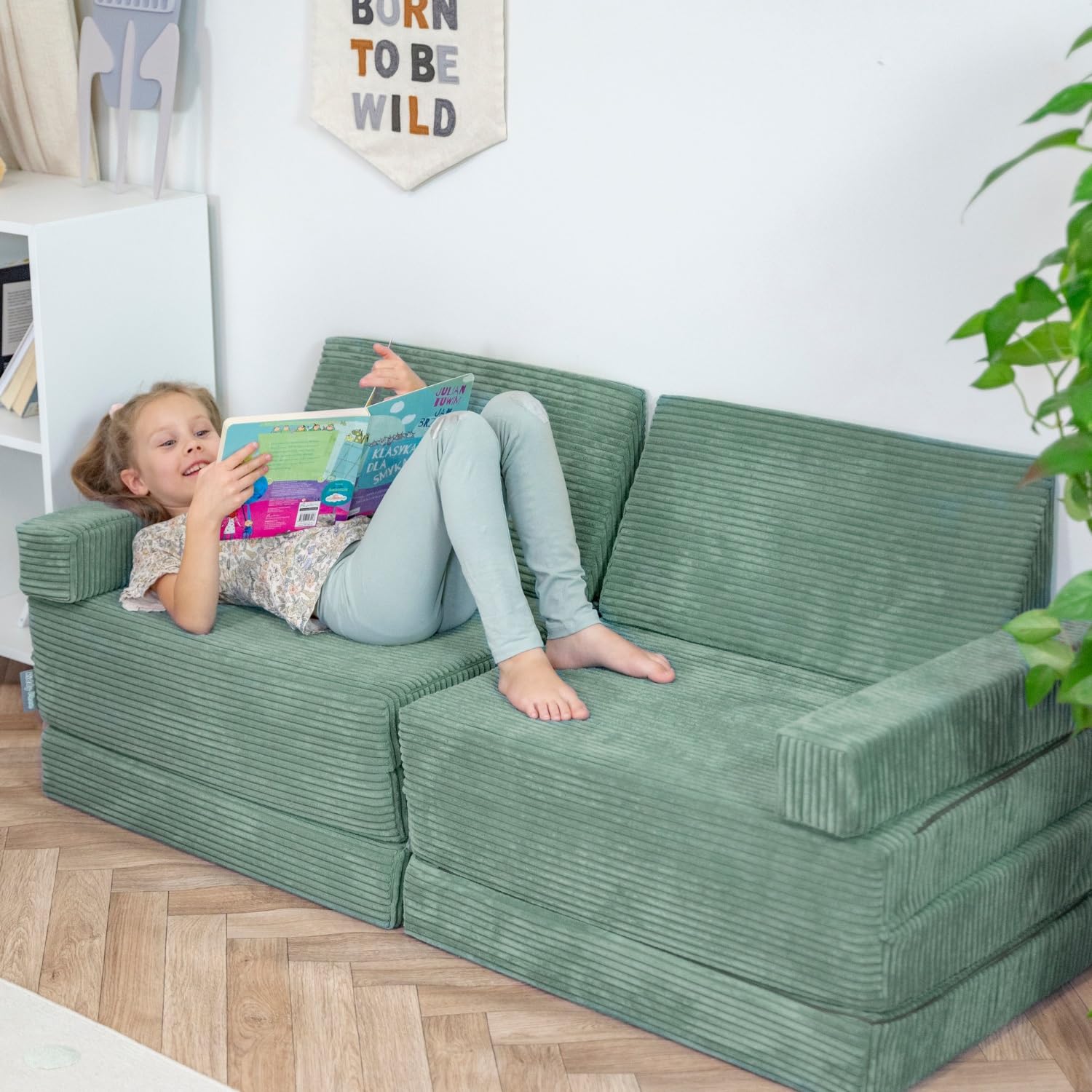 kiddymoon-kindersessel-aufklappbar-aus-schaumstoff-gr-n-faltmatratze-165-x-55-cm image 2