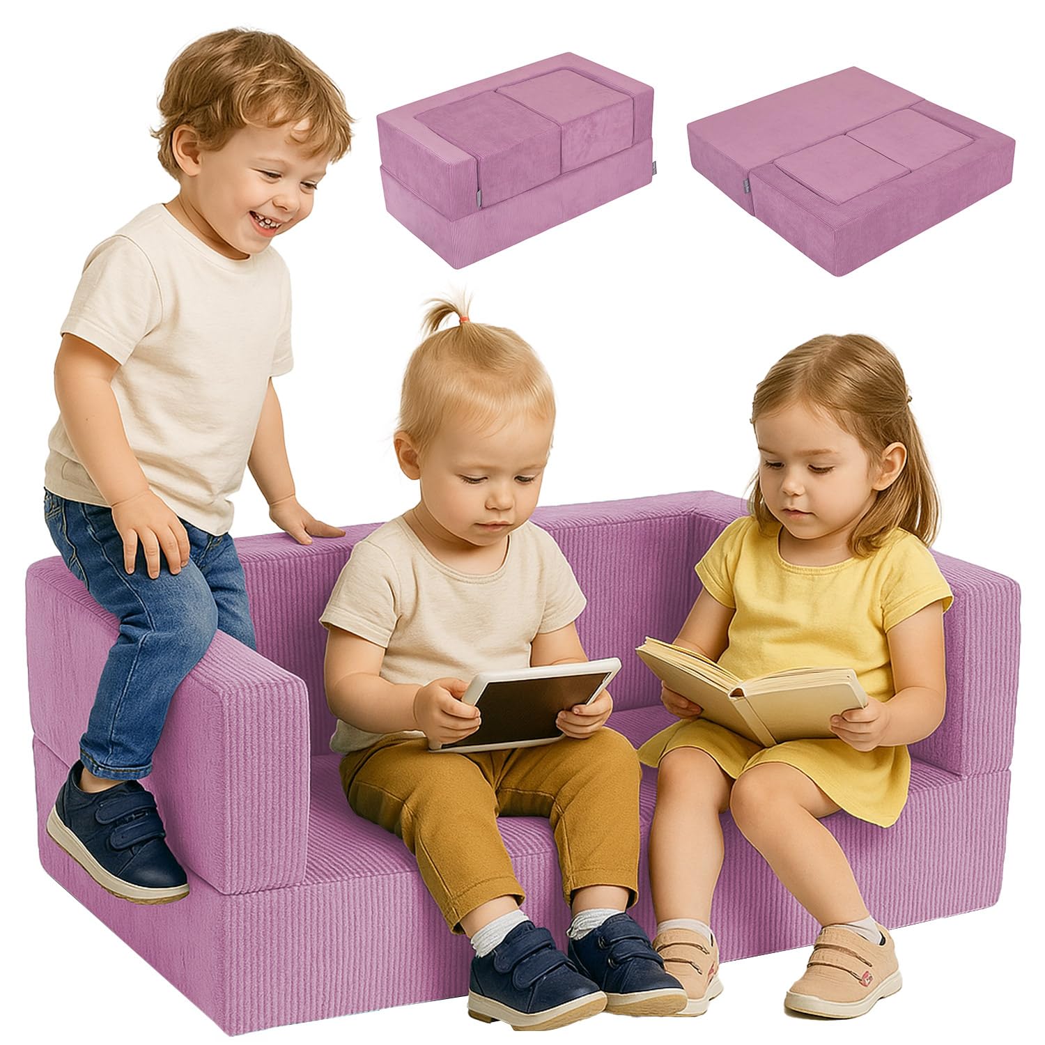 kiddymoon-kindersofa-mit-zwei-puffen-schaumstoff-sofa-gerippter-stoff-rosa image 1